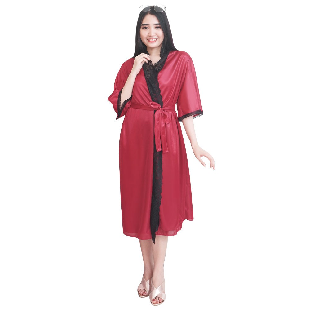 FOLVA baju tidur kimono set tanktop dress satin 1495MSET maron allsize