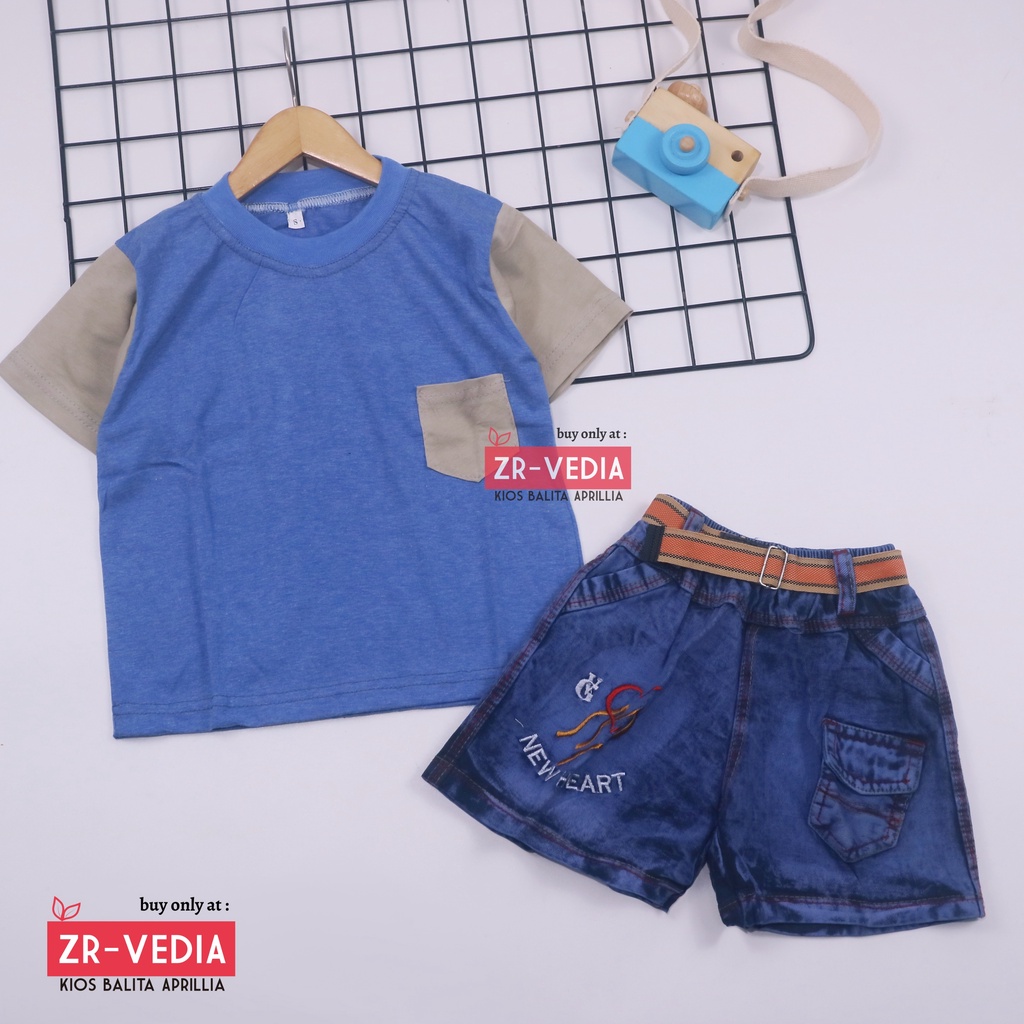 Setelan John Ethes uk 1-2 Tahun /  Set Lengan Pendek Anak Laki-Laki Celana Jeans Kantong Baju Oblong