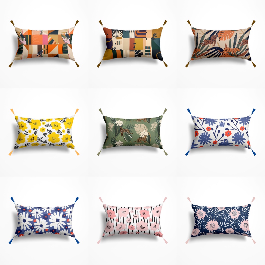 BANTAL SOFA 60x30 CM DENGAN TASSEL GANTUNG VINTAGE TROPICAL FLORAL PREMIUM DEKORASI