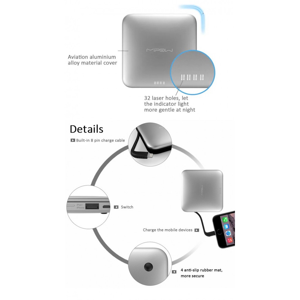 MIPOW SPL09 - Power Cube 9000mAh Power Bank - Built-in Lightning Cable