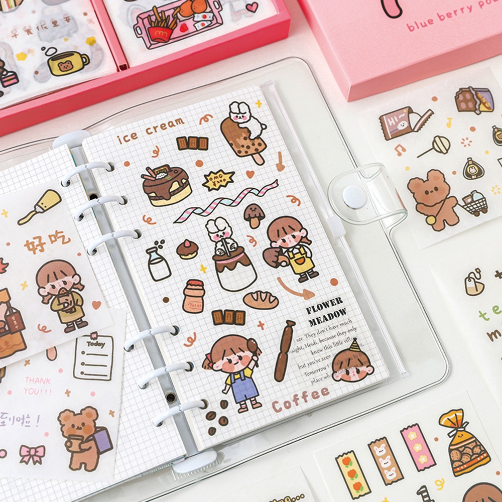 QUINTON Gift Box Kawaii Sticker Set Cartoon Stationery Decorative Sticker Packing Decoration DIY Scrapbooking Waterproof 100 pcs/box Drink Food Animals Girls Pattern Diary Photos Albums Adhesive Decals