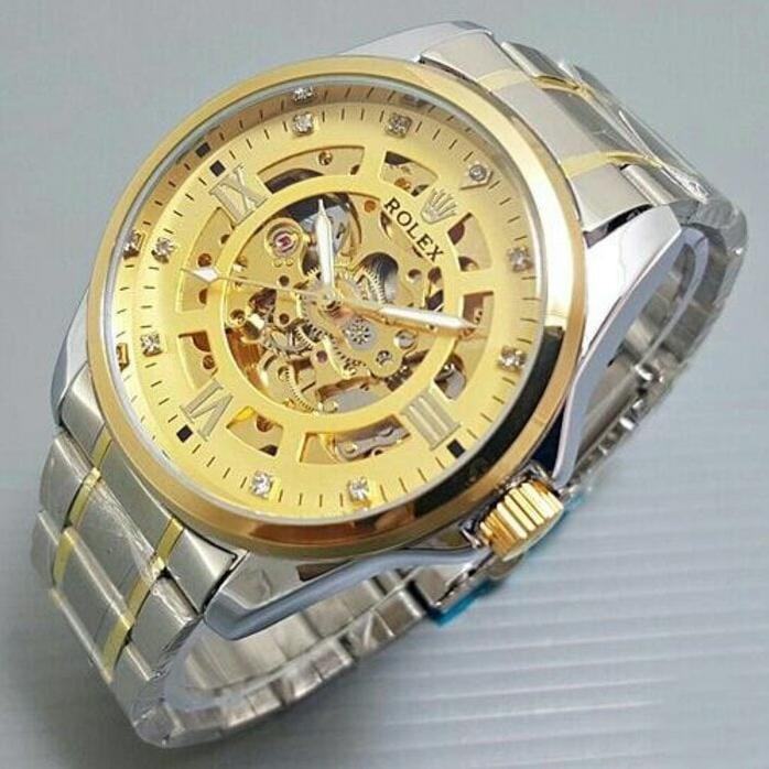 Stok Terbatas Jam Tangan Pria Rolex Automatic Besar Silver Gold (Full Gold Romawi)