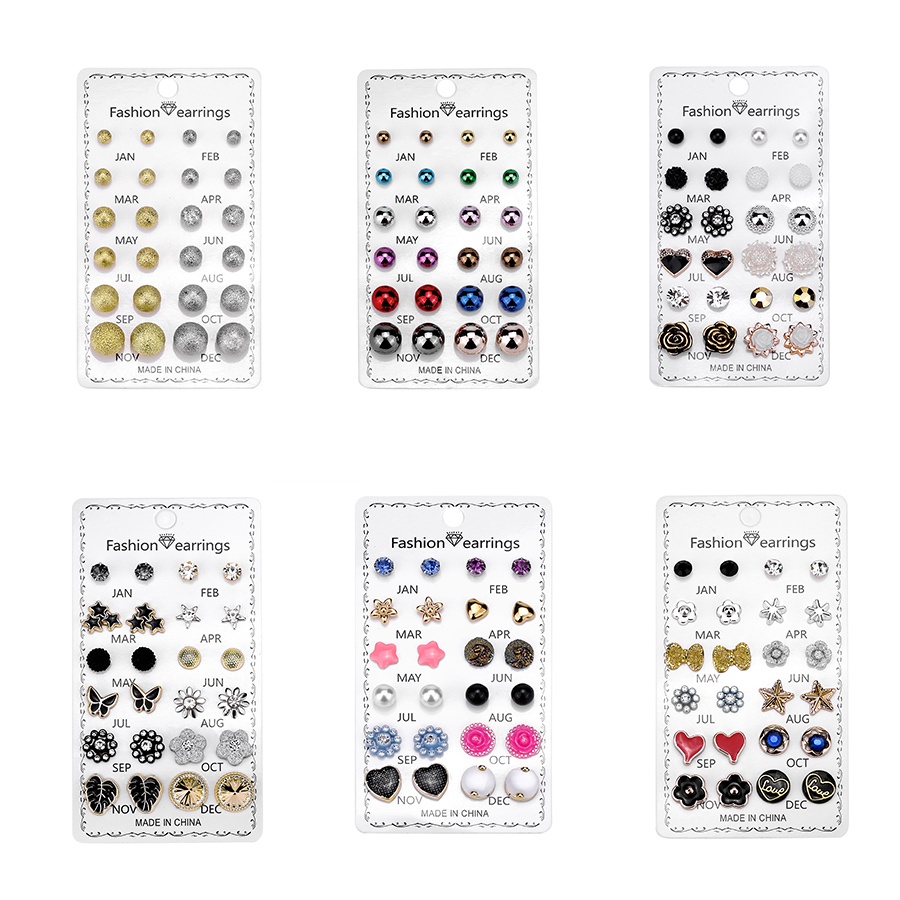 12 Pasang Anting Set Tusuk 12 in 1 Nama Bulan Anting Kristal Fashion Anting Korea Aksesoris