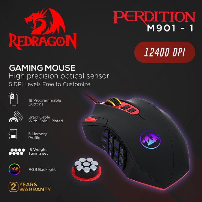 Redragon M901 Perdition 24000DPI MMO Mouse LED RGB Wired Gaming Mouse ...