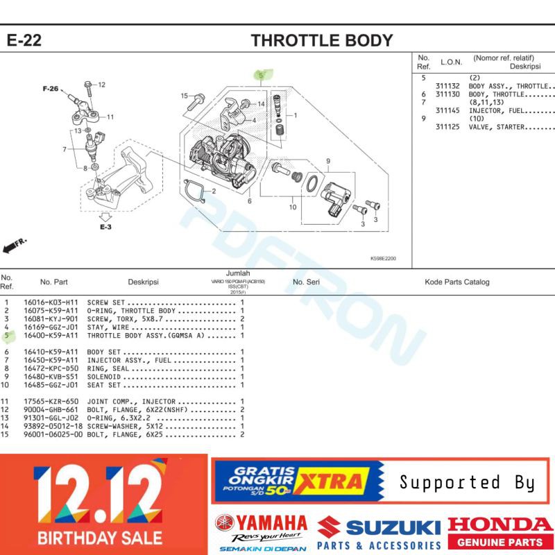 DIJAMIN ASLI INTAKE THROTTLE BODY INJEKTOR ASSY HONDA VARIO 150 ORIGINAL BERKUALITAS