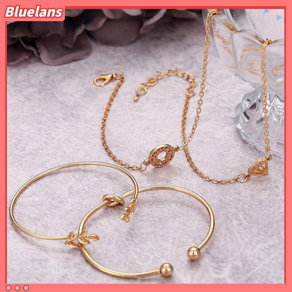 4pcs / Set Gelang Bangle Model Terbuka Bentuk Daun Simpul Hollow Aksen Kristal Gaya Boho Untuk Wanita