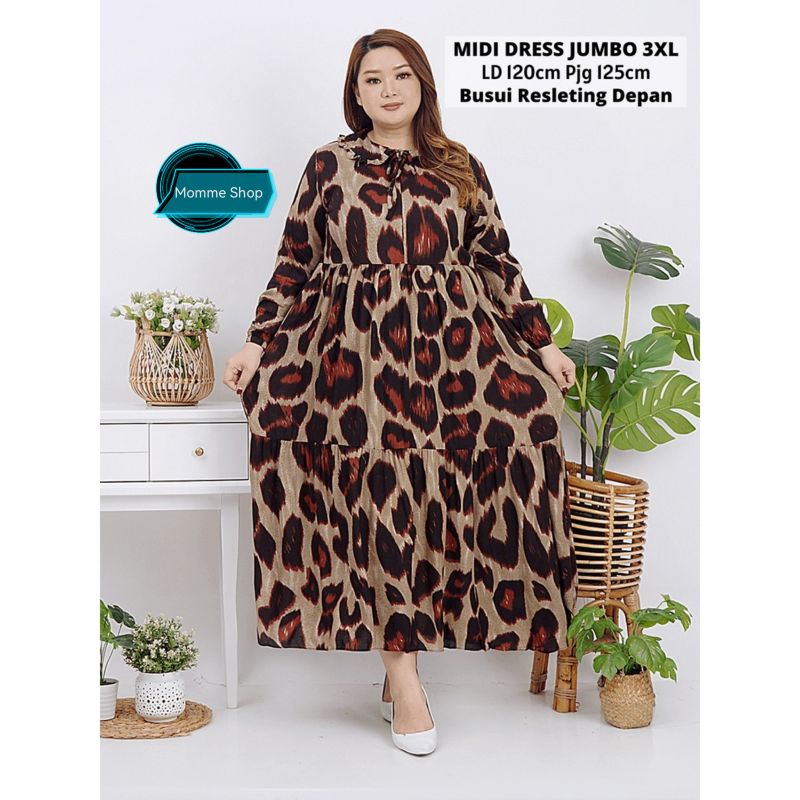 JUMBO DRESS MIDI WANITA MOTIF LEOPARD BUSUI RAYON PREMIUM FIT XXL LD 120