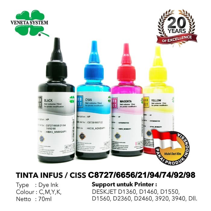 TINTA REFILL ISI ULANG BOTOL INFUS PRINTER HP 70ML - SET CMYK