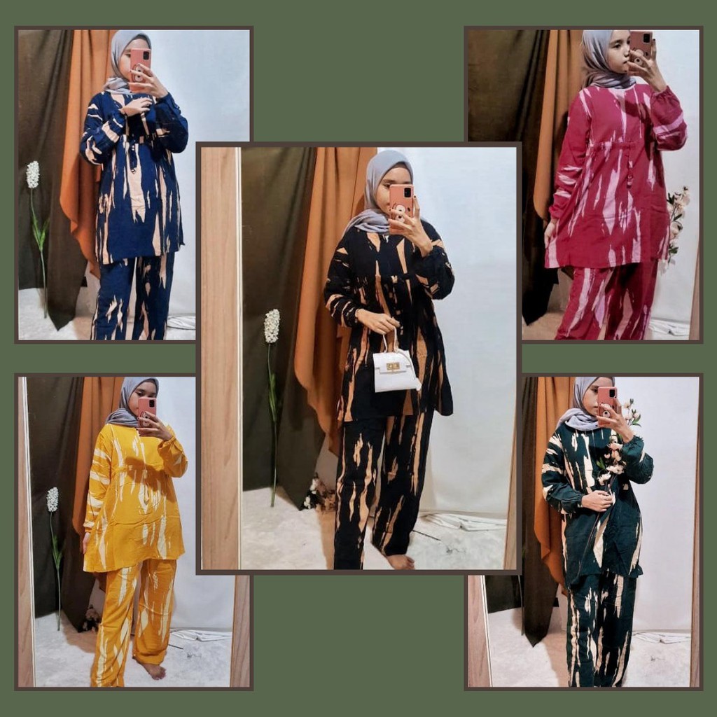 Setelan Tunik Tie Dye One Set Rayon Super Lengan Panjang