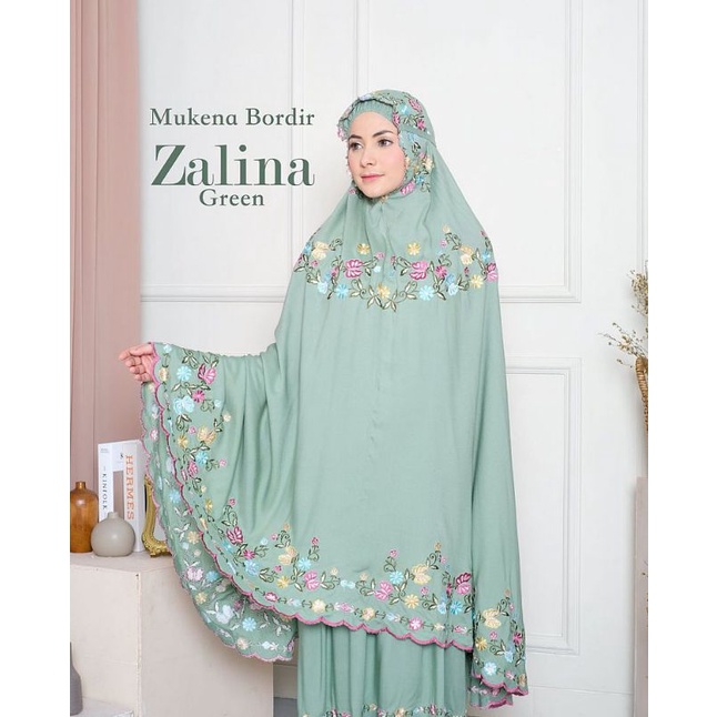 Mukena Bordir Rayon Premium Bahan Halus Adem Wanita Travel Traveling Travelling Zalina Hijau Semen