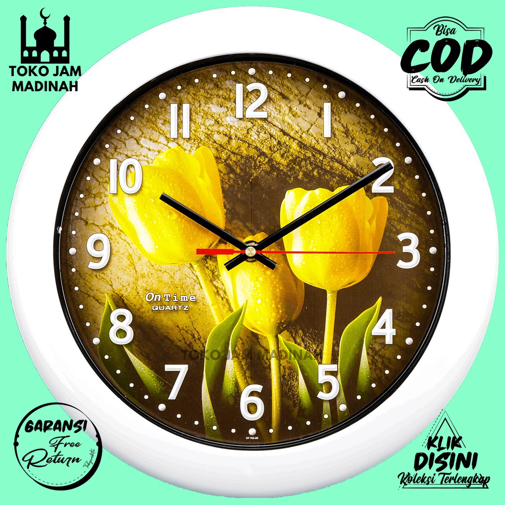 Jam Dinding Quartz Bunga Flower Unik Ontime 767-FL Kuning Hijau Merah Putih