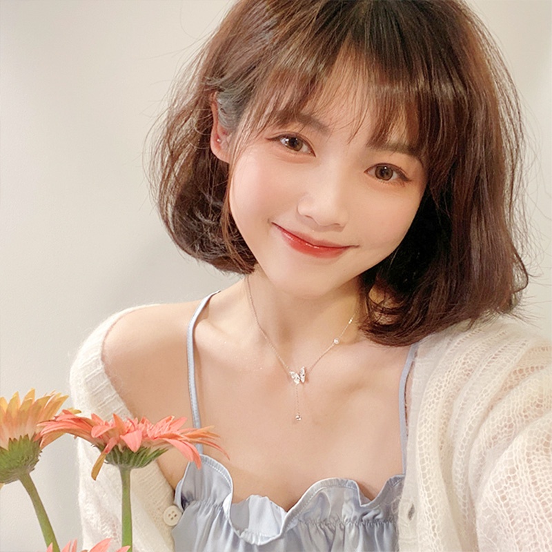 Kalung Rantai Desain Kupu-Kupu Rumbai Aksen Berlian Gaya Korea