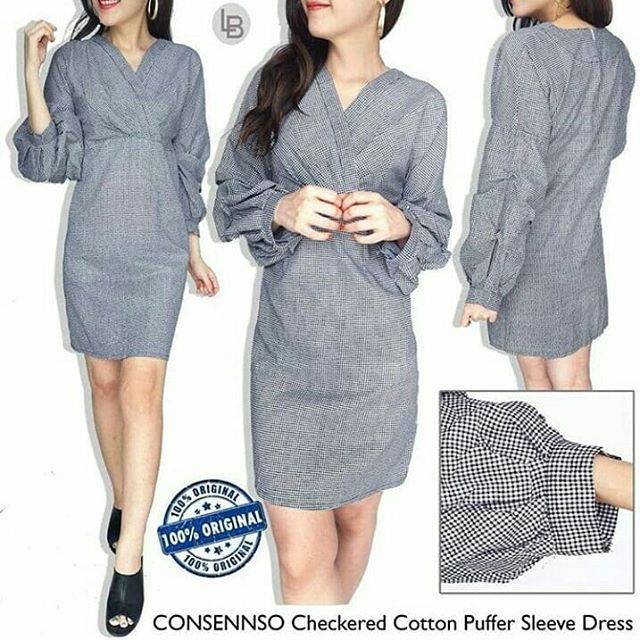 Consenso checkered cotton puffer sleeve dress