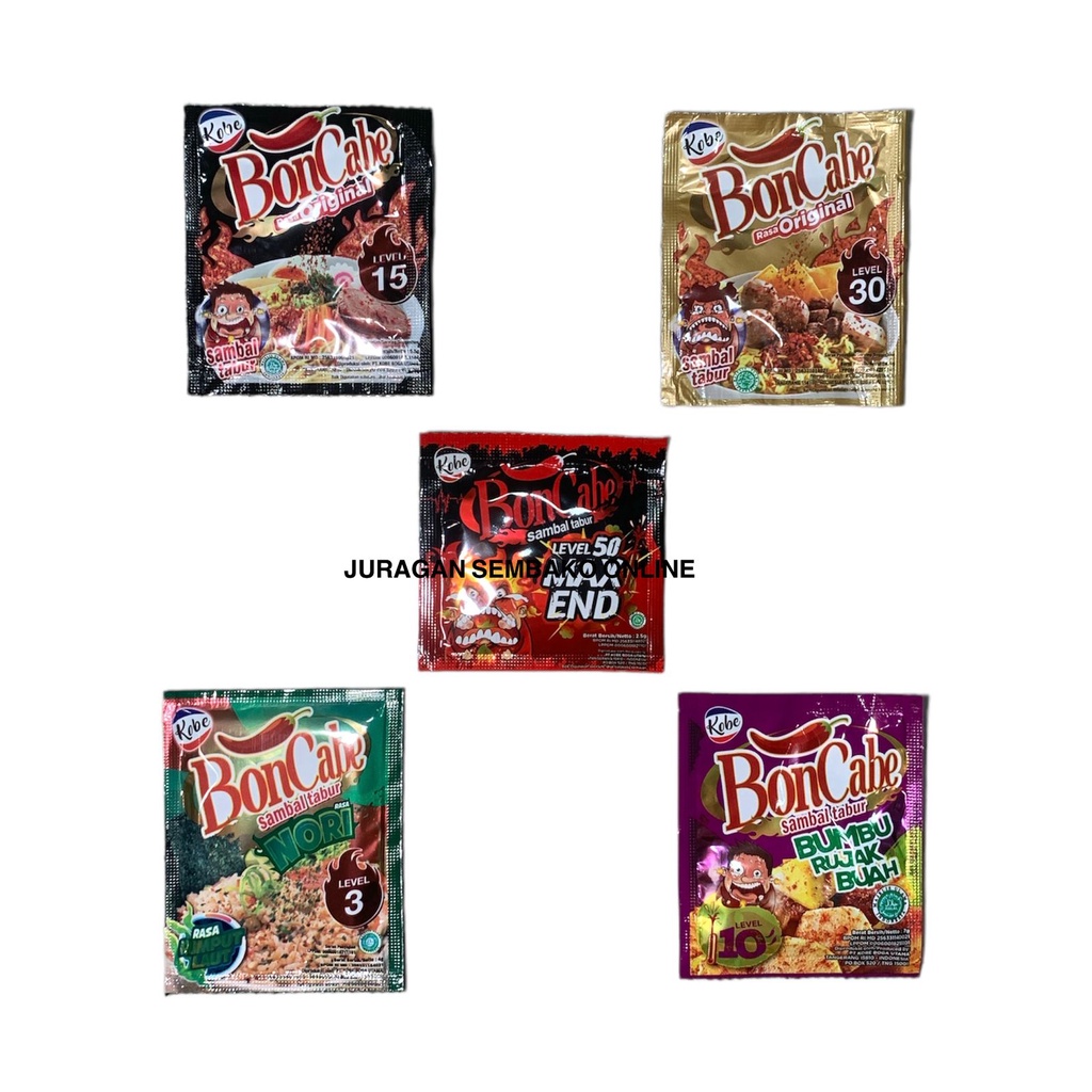 ( JSO) BONCABE BON CABE SACHET CABE BUBUK SERBAGUNA LEVEL 50 15 30 10 3 ORIGINAK MAX END NORI RUMPUT LAUT BUMBU RUJAK BUAH BAWANG GORENG IKAN