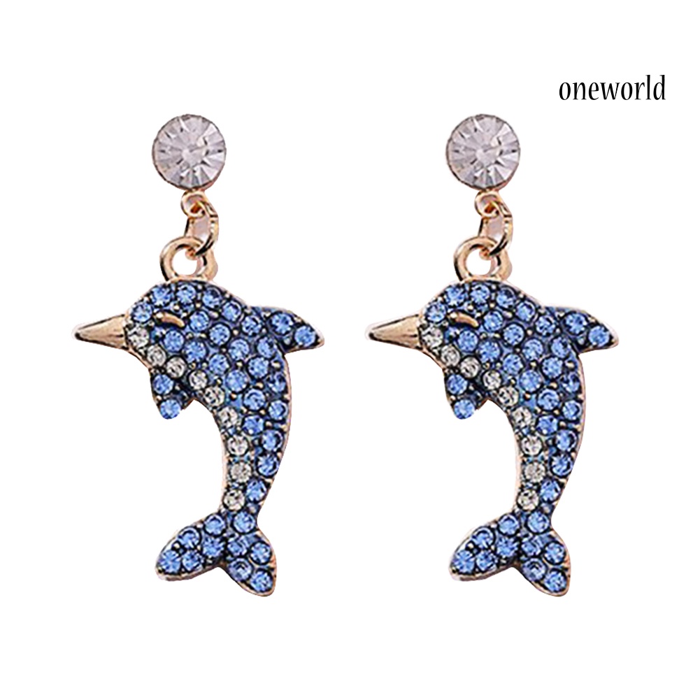 OW@ Cute Dolphin Shape Shiny Full Rhinestone Inlaid Women Stud Earrings Jewelry Gift