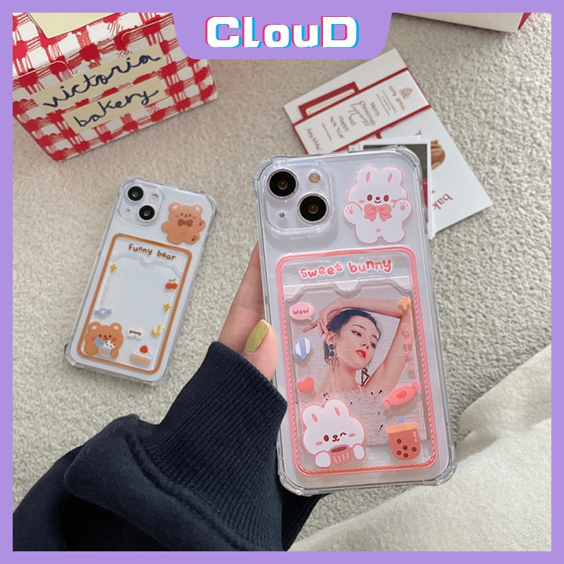 Soft Case Tpu Transparan Motif Kartun Kelinci Beruang Dengan Slot Kartu Untuk iPhone XR X XS Max 7 8 Plus 11 13 12 Pro Max 6 6s Plus SE 2020