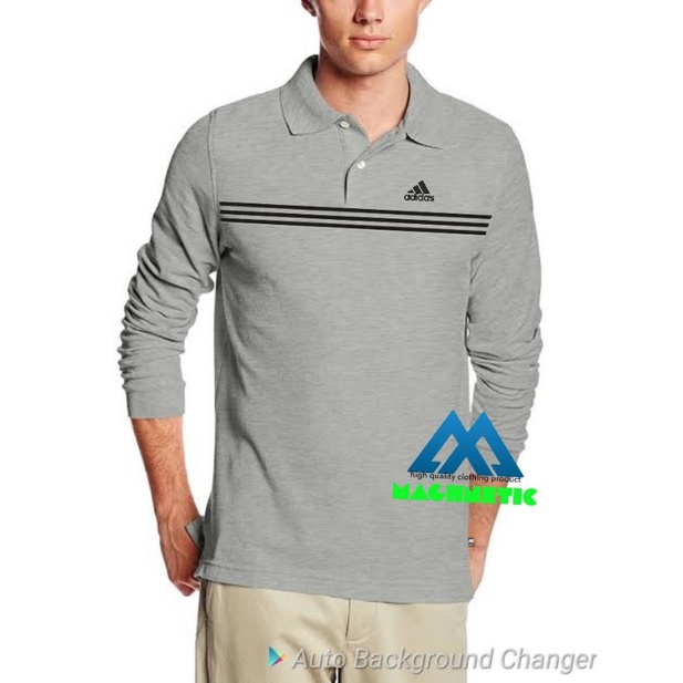 Polo Shirt Pria Kaos Kerah Lengan Panjang Katun Adidas Strip