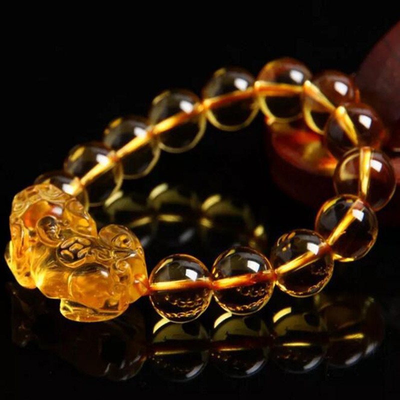 Gelang Manik-Manik Citrine Pixiu Keberuntungan Ukuran 10/12/14Mm Untuk Kado Ulang Tahun