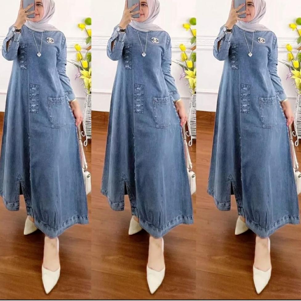 Z70J MIDI DRESS JEANS ORIGINAL TERBARU 2022 / MIDI DRESS WANITA BAHAN  IMPOR / LONGDRESS JEANS TERBA