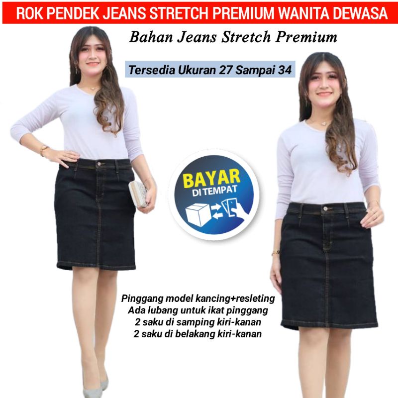 Rok Jeans Span Pendek Mini Skirt Selutut Wanita Bahan Jeans Stretch Rok Sepan Lepis Pendek Cewek 3/4