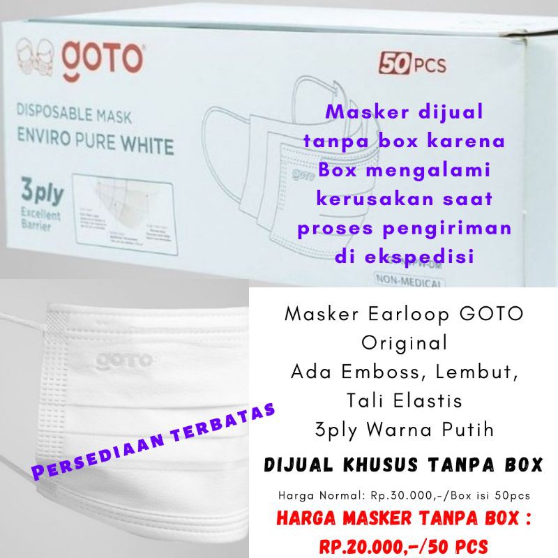 Masker Earloop GOTO 3ply original Putih Ada Emboss 50pcs Tanpa Box Harga Murah Dari Medan