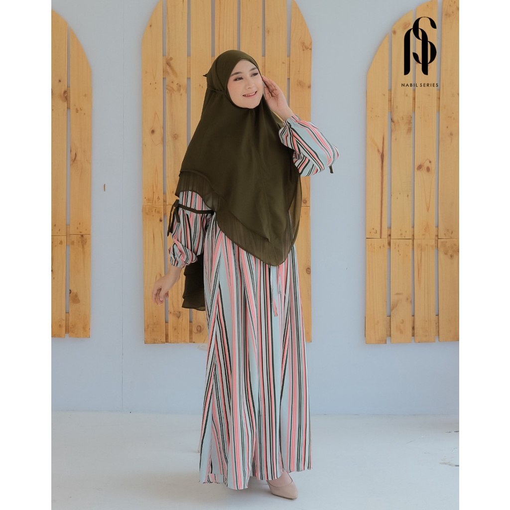 Dress set khimar syakila mix ceruty ori JRone model kanika terbaru modis homedress nyaman flowy salur elvi kubika