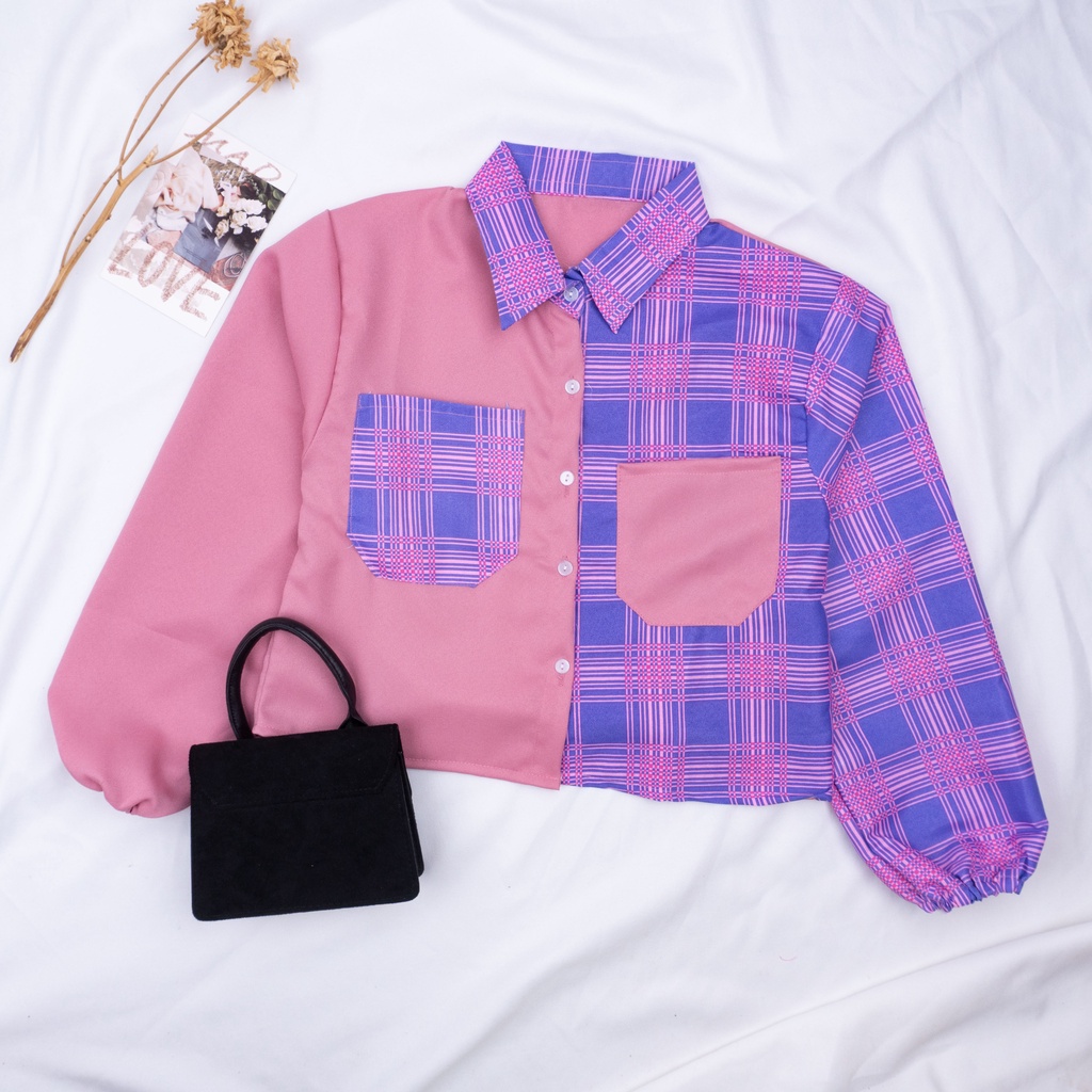 SALE!!! Mika Crop Top / Kemeja Crop Wanita Tartan / Kemeja Two Tone Kotak-VINTAGE DUSTY