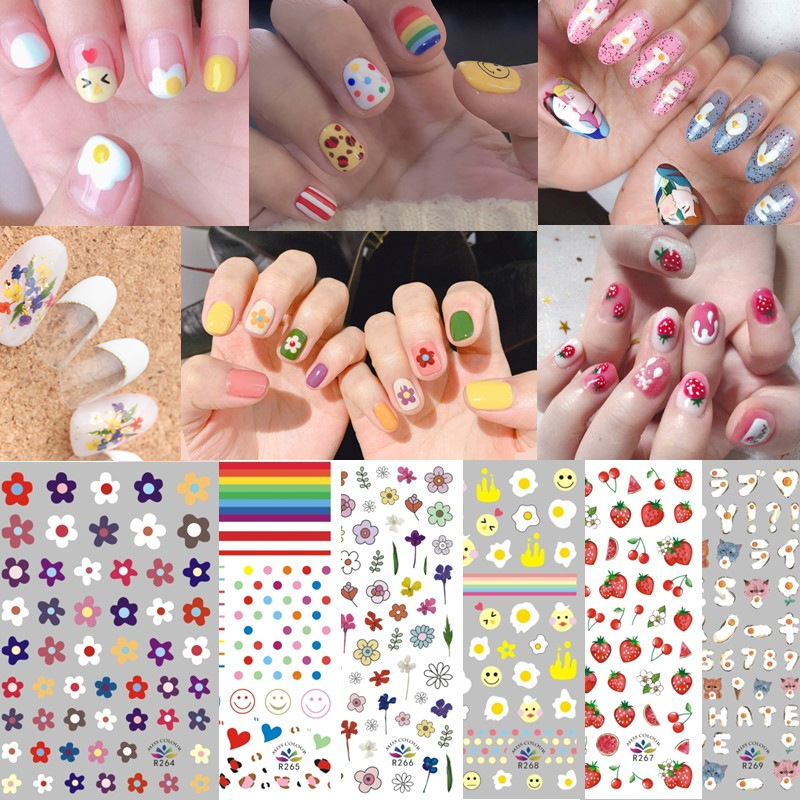 16 pcs / set Hyuna Style Nail Sticker / Hyunya Gaya Yang Sama Nail Art / Nail Sticker / Nail Art Sticker / Aksesoris / Strawberry Rainbow Cherry Decal