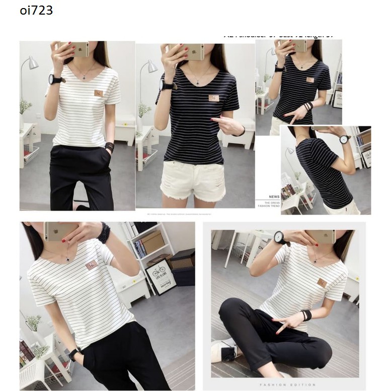 oi723- baju atasan wanita blouse kaos garis kasual hitam-putih import