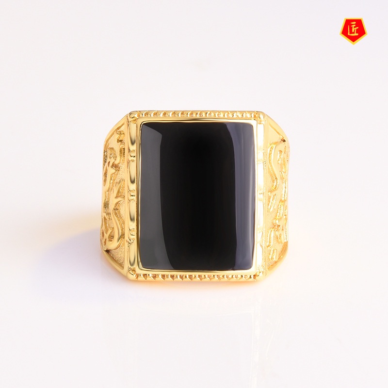 [Ready Stock]Black Agate Dragon and Phoenix Gold Ring Men's Personality