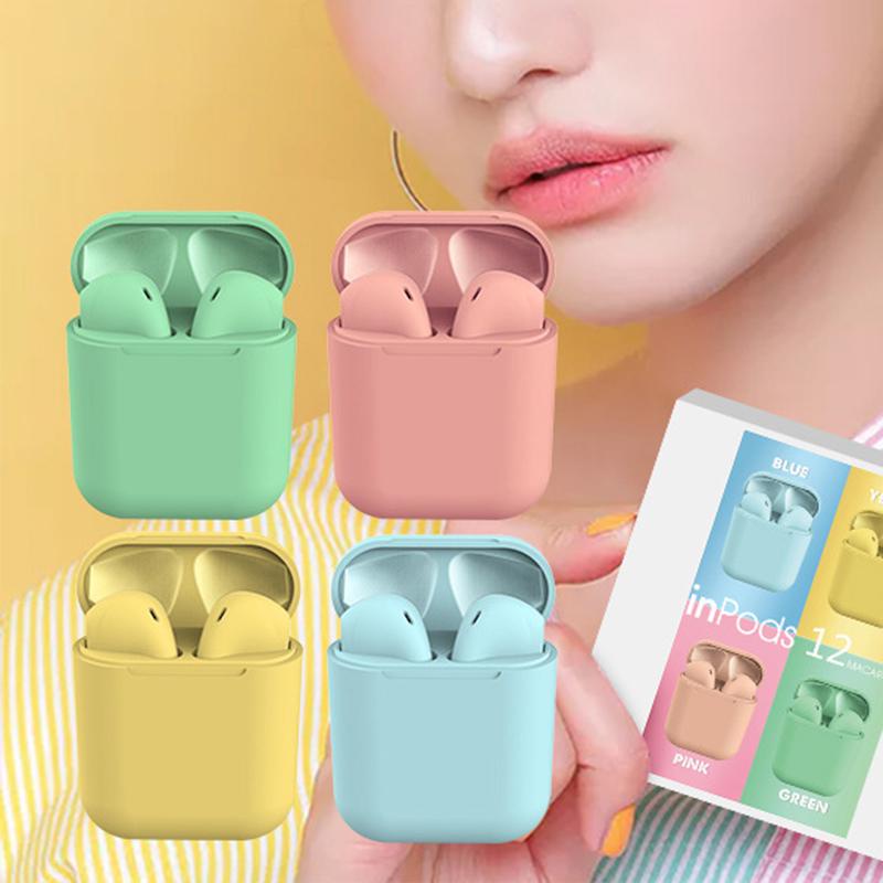 Headset bluetooth macaron inpods i12 tws earphone stereo wireless kontrol sentuh with mic colour hitam putih pink hijau biru kuning abu navy - dinno.id