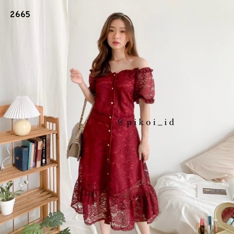 Dress brukat cheongsam merah pesta imlek / dress brokat furing cny sincia / dress korean style 2665