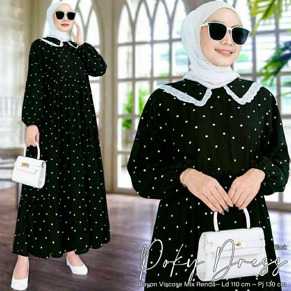 Gamis Terbaru Pocky Midi Rempel Rayon Premium Dress Wanita Polos Lengan Panjang Baju Wanita Busui Bigsize LD 110 cm