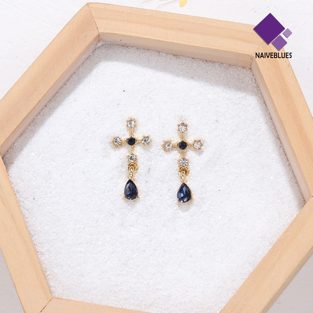 Anting Stud Sapphire Berlian Imitasi Bentuk Salib Untuk Wanita