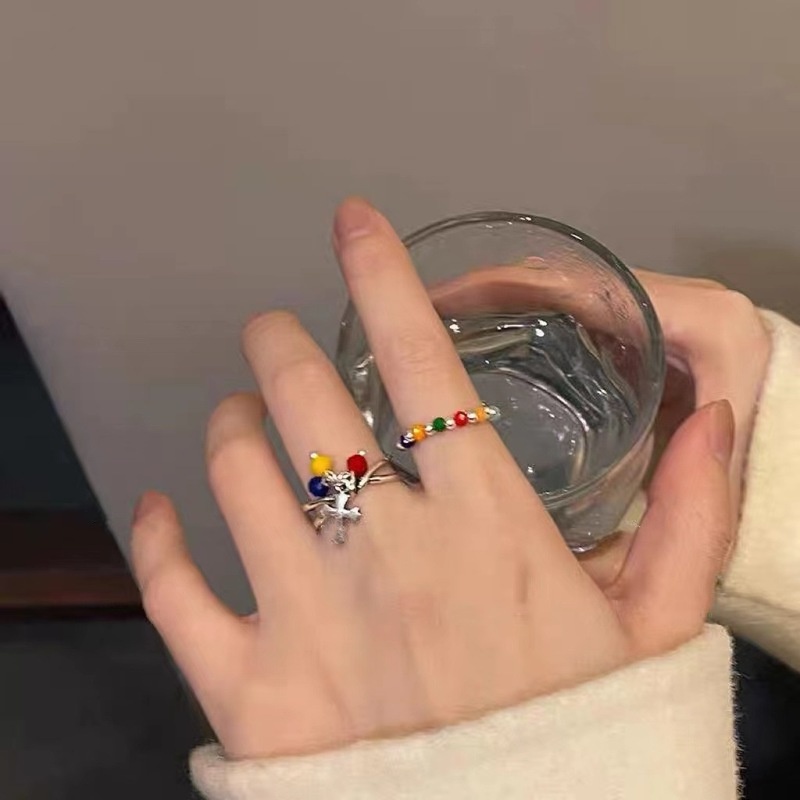 Cincin Silver Hias Liontin Salib Manik-Manik Smiley Warna-Warni Gaya Korea