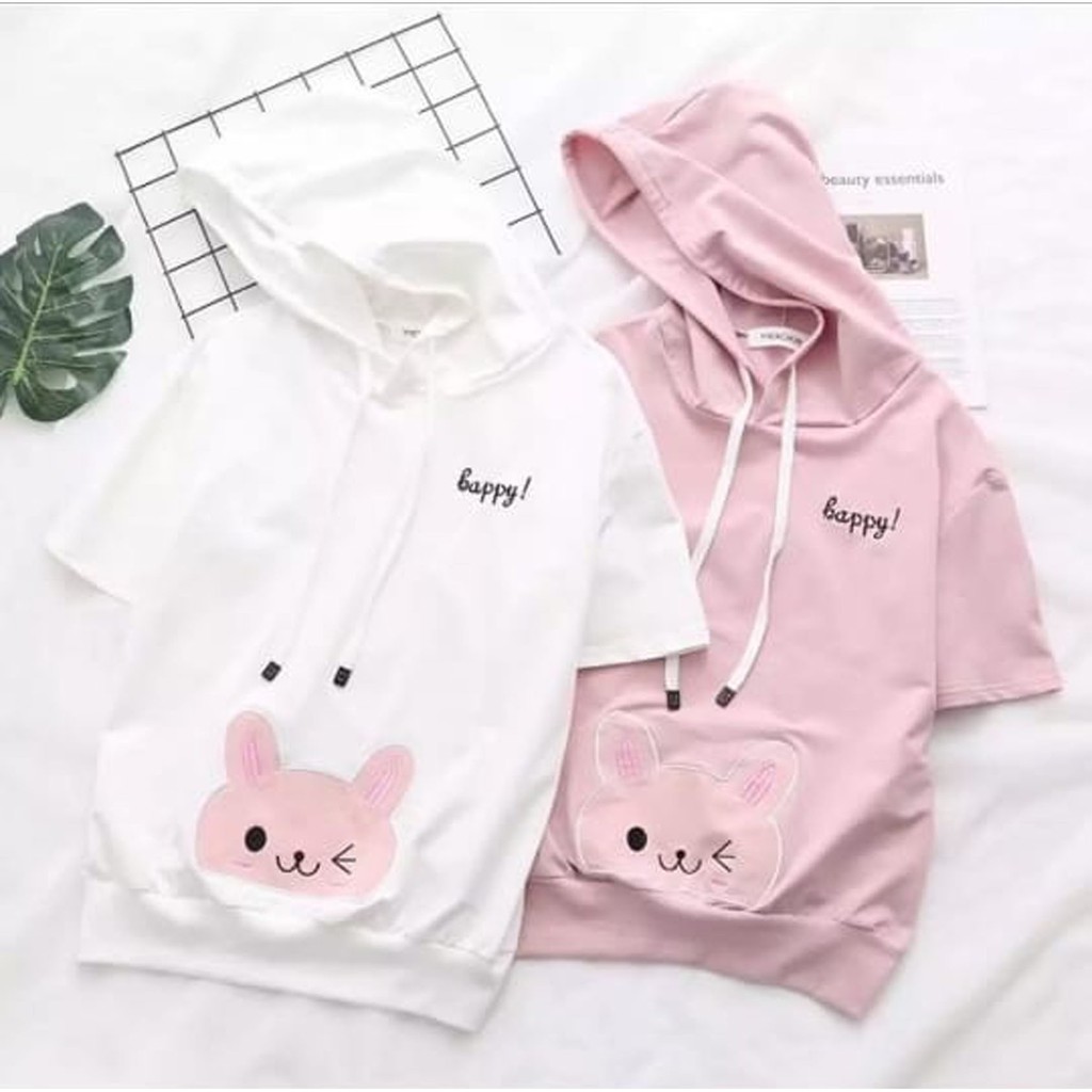 Bess - Sweater Hoodie Crop Lengan Pendek HAPPY CAT