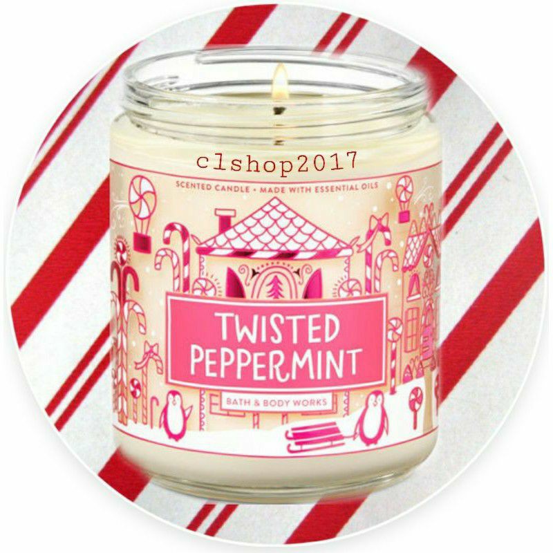 BATH &amp; BODY WORKS BBW TWISTED PEPPERMINT MADE WITH ESSENTIAL OILS WHITE BARN 1 SINGLE WICK SCENTED CANDLE 198 G PENGHARUM RUANGAN