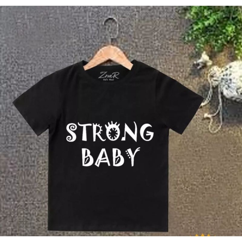 Baju bayi atasan kaos bayi usia 3-9 bulan-18 Hitam Strong Baby