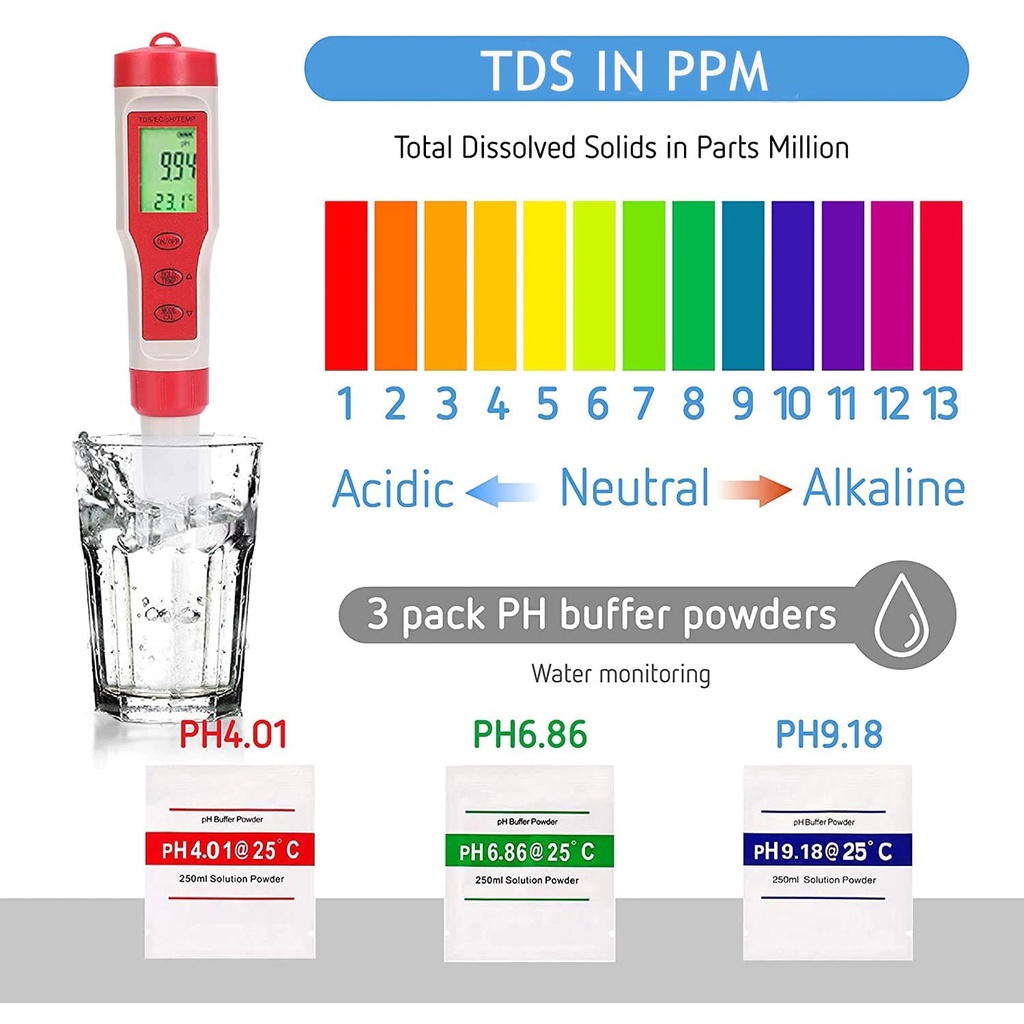 PH TDS EC Meter Temperature Meter Water Tester ATC Temp Suhu Waterproof