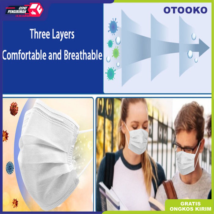 Masker 3 ply 3ply isi 50 putih polos korea white Earloop bedah BFE 95