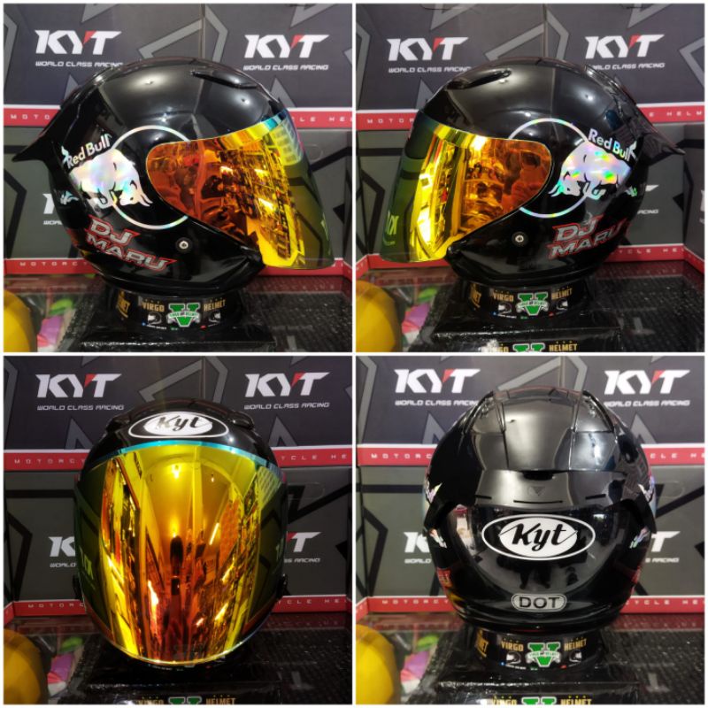 KYT DJ MARU BLACK GLOSSY PAKET GANTENG RED BULL VISOR IRIDIUM + SPOILER