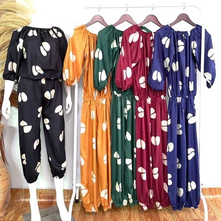 Jumpsuit Wanita Lengan Panjang Setelan Piyama Jumbo Motif Biji Kopi Bahan Rayon