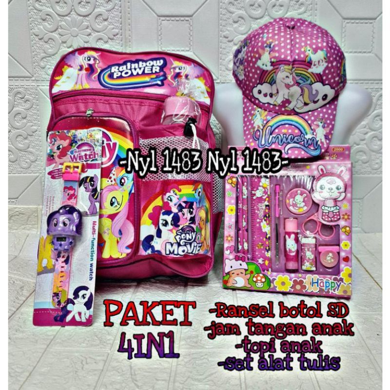 Tas ransel anak perempuan  Little pony 4 in1 - tas + topi + jam + paket pinsil gratis botol minum - tas anak