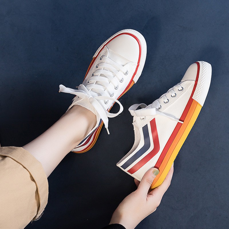CTRLMARKET - Sepatu Sneakers Wanita Import Korea model Flat Bahan Kanvas Warna putih list merah biru