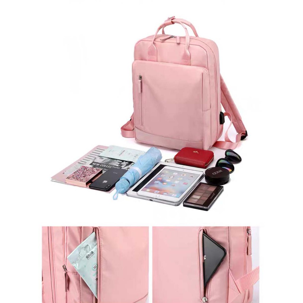 Tas Laptop Backpack Ransel Waterproof 14 15 inch with USB Port - pink