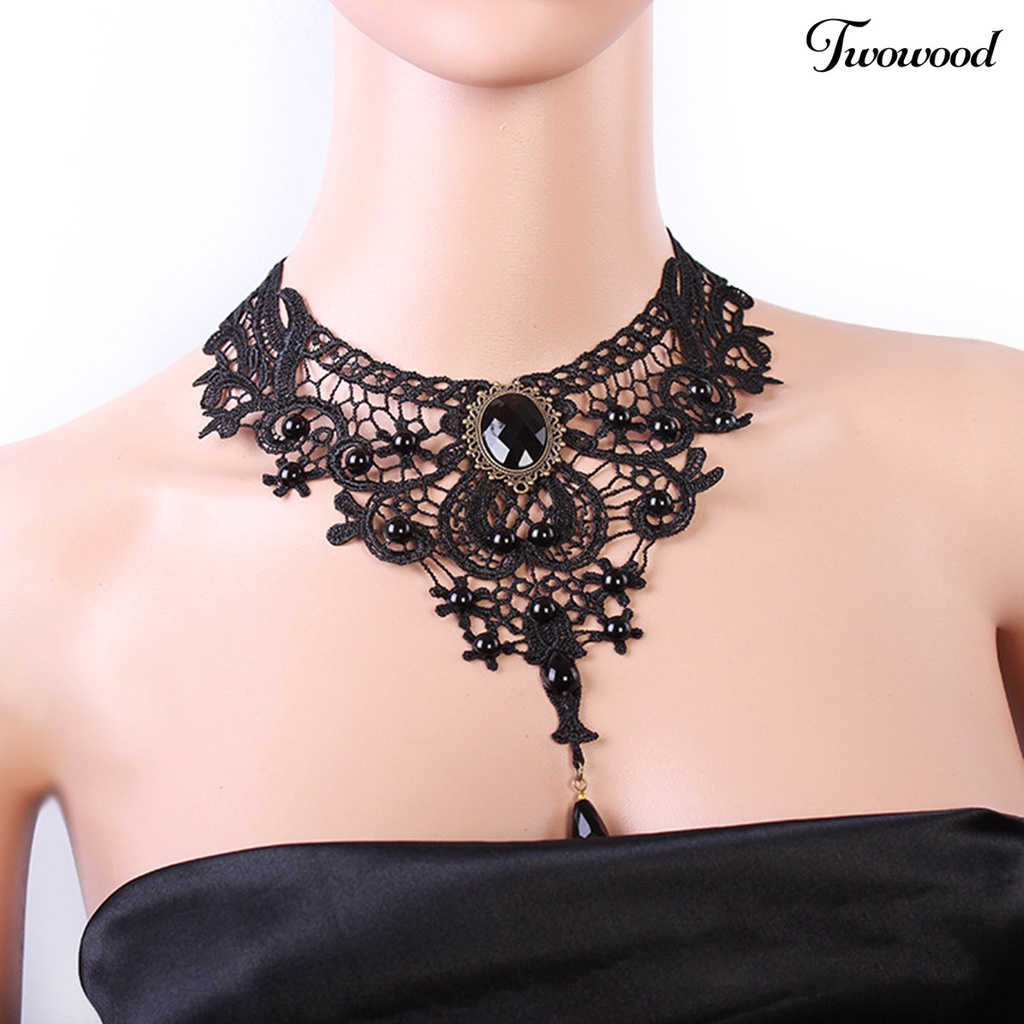 Kalung Choker Adjustable Model Hollow Out Aksen Renda Warna Hitam Untuk Wanita