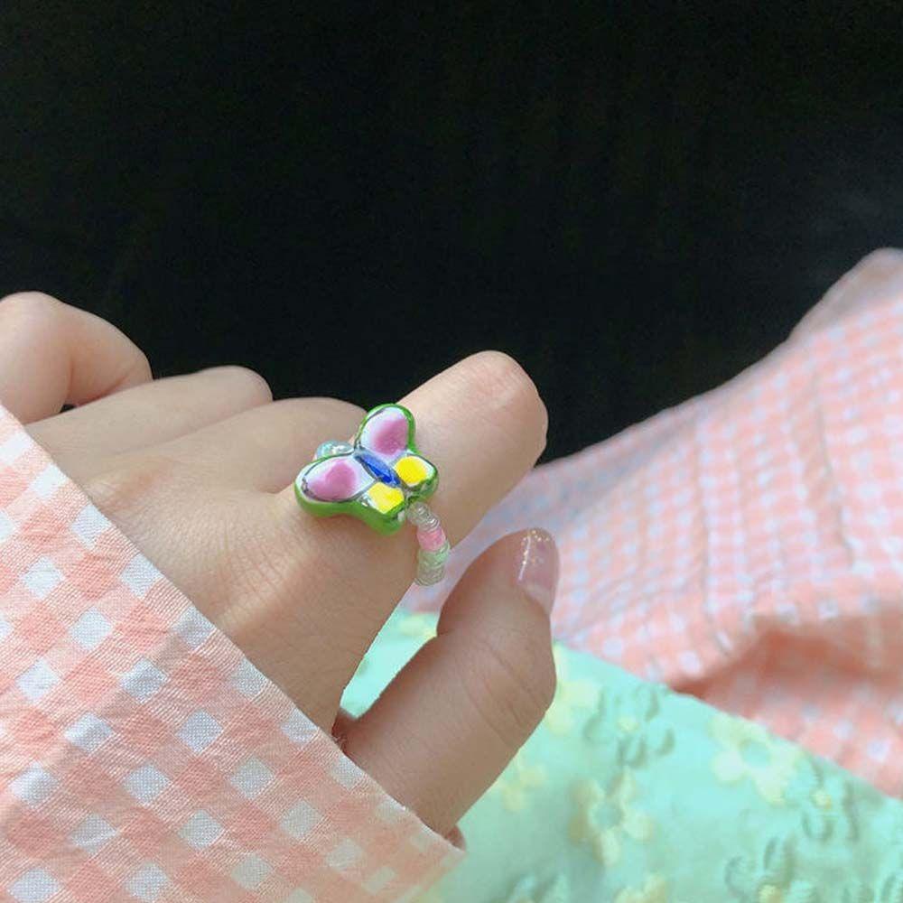 Cincin Elastis Sweet Retro Untuk Anak Perempuan Manik-Manik Kristal Geometris Vintage Knuckle Ring