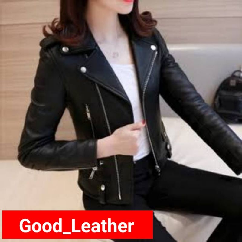 Premium jaket kulit wanita elegant black ARL 033 silver stone RFLA ARL sintetis