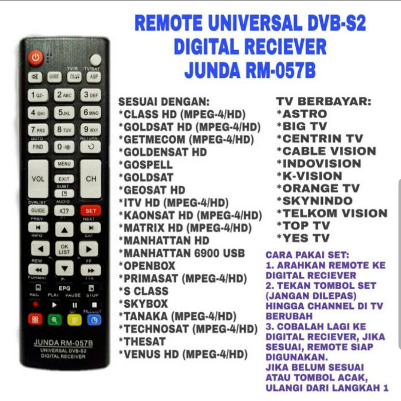 Remot Remote Universal Receiver Digital DVB S2 Junda RM 057B Remote Reciver Matrix Parabola MPEG -4