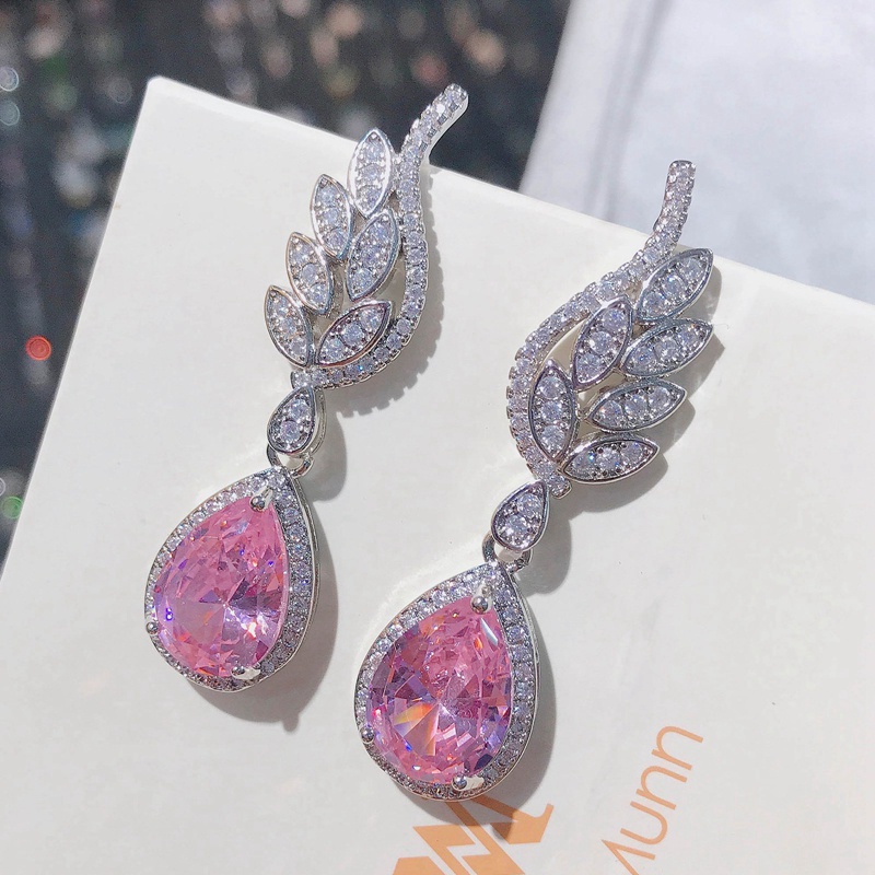 Fancyqube Anting Menjuntai Bentuk Sayap Malaikat Hias Kristal Zircon Warna Pink Untuk Wanita